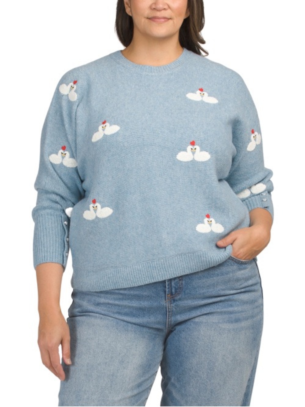 CUPCAKES & CASHMERE
Plus Embroidered Swans Knit Sweater